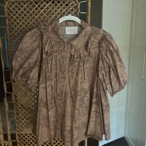 Selkie Floral Tan Blouse with Puff Sleeves and ruffle collar